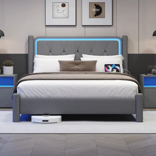 PUNICE Full Size White Modern PU Leather Upholstered Headboard - Dual-Style Design, LED Lights with Multiple Light Effects, Wood-Metal Slatted Support, Springless Mattress Compatible, 12.2" Under-Bed Clearance (LED Headboard Bed Frame)