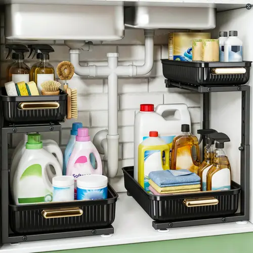 2-Pack Under Sink Multipurpose Storage Organizer Racks - Maximize Kitchen Space, Declutter - Black & Clear