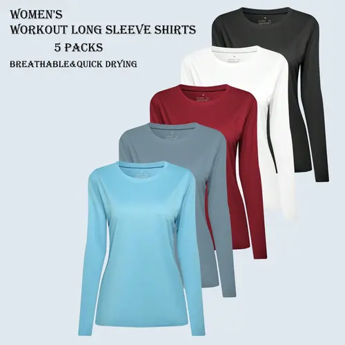 Women's 5-Pack Long Sleeve Shirt Workout Set, Breathable Athletics Tops, Outdoor Sportswear, Fitness Activewear with Sweat-Absorbent, UV Sun Protection, Lightweight for Gym, Hiking