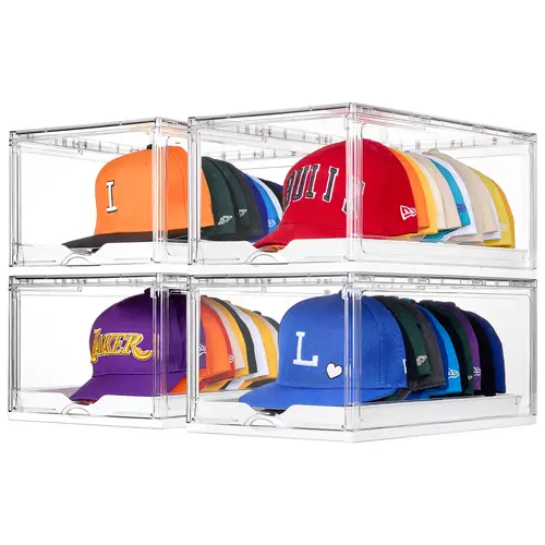 [Live Only] Vtopmart 4 Pack Hat Organizer for Baseball Caps, Clear Hats Holder Box with Drawer, Large Cap Storage with Sliding Tray, Stackable Rack Display Case with Magnetic Door, Each Holds 12 Hats fathersdaygift,summerwins,DormRoomHacks