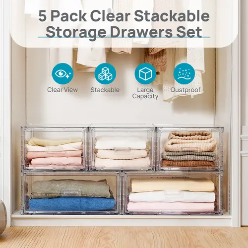 [Live only] Vtopmart 2/5 Pack UnderBed Large Clear Stackable Storage Drawers 15-23QT, Easily Assemble Closet Storage Bins, Dust-Proof for storing shoes, clothes, bedding, and off-season essentials Durable Plastic Organiser,DormRoomHacks