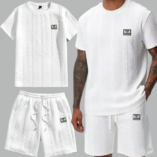 Men's 2-Piece Textured Menswear Set - Round Neck, Soft Fabric, Drawstring Waist, Embroidered Details, Plain Shorts, Suitable for Outdoor & Casual Wear