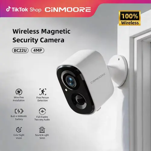 CINMOORE 2.5K Magnetic Wireless Security Camera - Portable Magnetic Wall-Mounted, 2.4G Wi-Fi, Easy-Install Indoor/Outdoor, HD Video, Full-Color Night Vision, Motion Detection, 2-Way Audio, Local Storage Card, Lithium Ion Battery, Home/Garage Monitoring, S