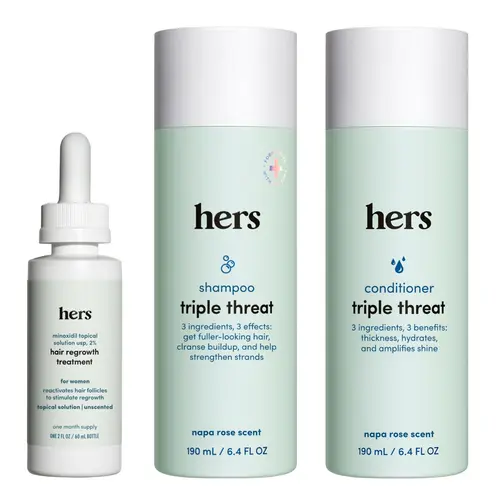 Hers Triple Threat Haircare Kit - 2% Minoxidil Serum, Color-Safe Cleanser Shampoo, Hydrate Conditioner - Daily Use, 3 Count, Gentle