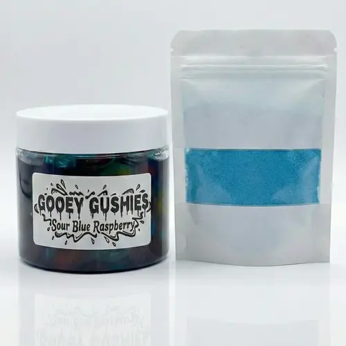 Gooey Gushies in Sour Oozie Liquid with Super Sour Blue Raspberry Powder Seasoning Raz Wet Candy Gushers Snack Multiple Size & Flavors
