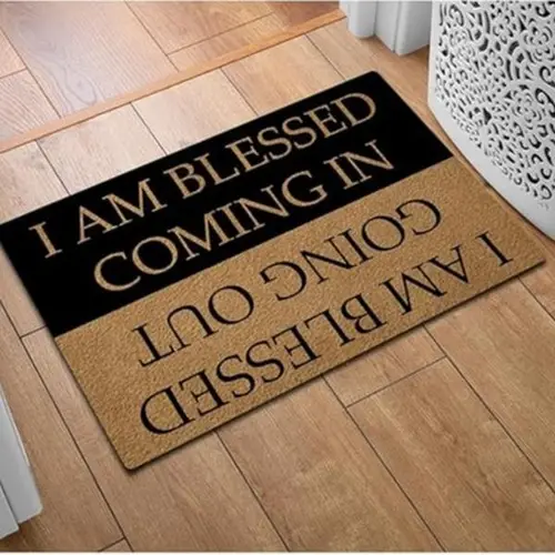 Summerwins Velvet Fabric Doormat - Anti-Slip Rubber Back, Wrinkle Resistant, Retro Letter Print Indoor Mat with Blessed Quote "I AM Blessed Coming in and Going Out", Front Door Decor for Entryway Use, Decor Boost for Indoor Areas, Funny Doormats