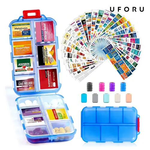 UFORU Lightweight Portable Medicine Organizer Storage Box - 10-Slot Sorting Weekly Pill Storage Box, Compact for Travel Bags, 146 Labels, Purse Stuffer Holder for Vitamins Medications (No Pills, Also for Jewelry & Beads), Portable Medicine Organizer Stora
