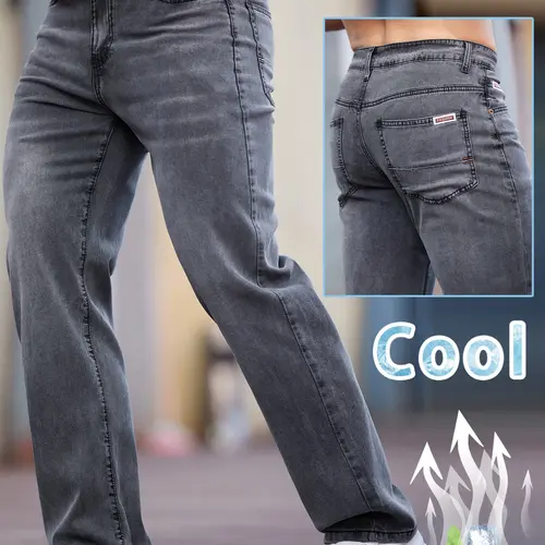 Men's Vintage Washed Pocket Denim Jeans, Classic Casual Jeans, Menswear, Loose Fit Straight Leg Casual Streetwear, Cool Breathable Embroidered Long Trousers for All-Season Pants