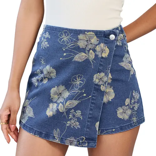Luvamia Women's Everyday Casual Floral Print Stretchy Denim Skort - Cute Mock Neck Faux Wrap High-Waisted Piece with Elastic Waist Shorts, Cotton Blend Fabric