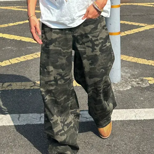 Men's Camouflage Print Loose Straight-Leg Pants, Casual Streetwear Fashion Menswear, All-Season Trendy and Versatile Denim Clothing Jeans, Fashion Jean Bottoms