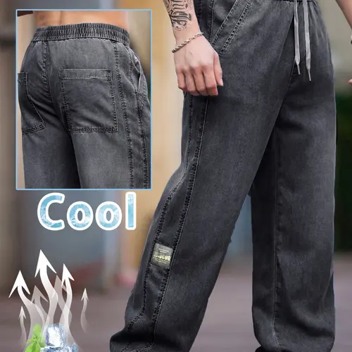 Men's Vintage Washed Denim Jeans, Elastic Drawstring Waist Trouser, Loose Fit Oversized Baggy Casual Streetwear Grey Breathable Pants with Pocket for Spring & Summer, Menswear