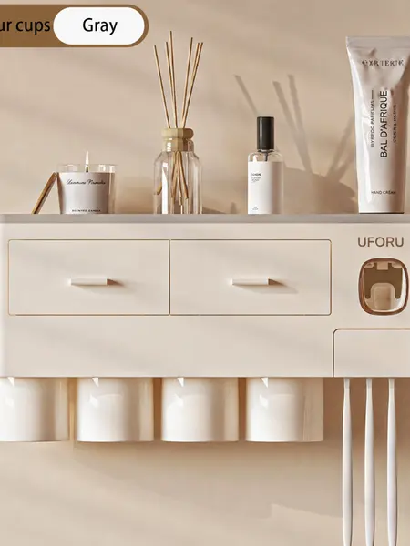 UFORU 2-4 Cup Capacity Bathroom Toothbrush Holder - Wall-Mounted with Toothpaste Dispenser - Cosmetic Drawers, Large Capacity Trays & Bathroom Accessory Bottle Home Storage Organizer, Great Home Essentials, Perfect Gift Idea #SummerWins#DFYD