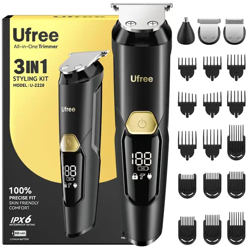 Ufree 3-in-1 Rechargeable Beard Trimmer Set for Men - IPX6 Waterproof Shaving Head, Wireless Haircut Tool, USB Fade Clipper, Type-C Body Grooming Kit, Valentine Gifts