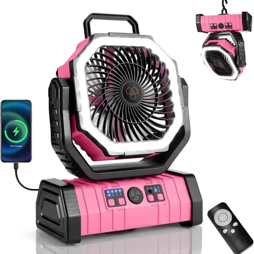 Odoland  Rechargeable Camping Fan with LED Light, Portable Multi-functional Fan with 270° swivel head,Portable Tent Fan with Timer, Oscillating Emergency Camping Fan Cordless Rotatable Battery Powered Lightweight