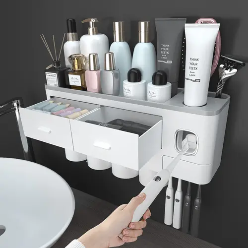 Durable Traditional Magnetic Bathroom Toothbrush Holder Set - Wall Mount, 2-4 Magnetic Cup Hold, Dual Automatic Toothpaste Dispenser, Cosmetic Drawers, Large Trays, Accessory Bottles, Bathroom Organizer, Vanity Accessory, Ideal Gift, Dual Automatic Toothp
