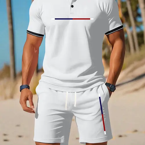 Men's Stylish 2-Piece Cotton Summer Paris Letter-Print Short-Sleeve Polo Set, Mens Clothing Casual Athletic Clothes - Pocketed Top, Elastic Drawstring shorts for Vacations, Camping - Great Gift for Boyfriend Shortsleeve Menswear