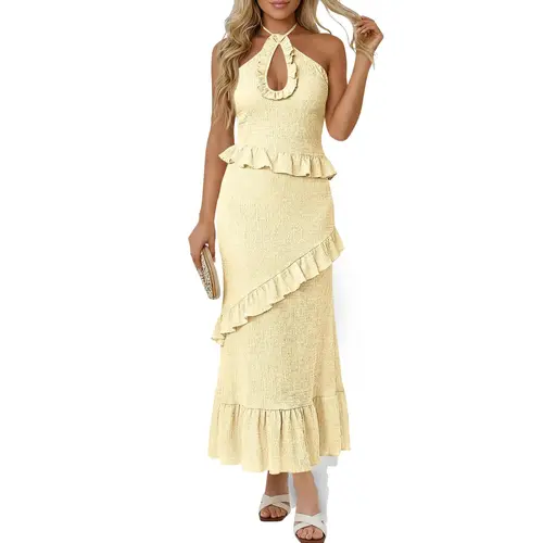 Wenrine Women's Knitting Formal Halter Maxi Dress - Sleeveless, Cutout, Ruffle Tassel, Openback, Low Cut, Elegant Going Out Outfit for Summer Party, Evening Outings