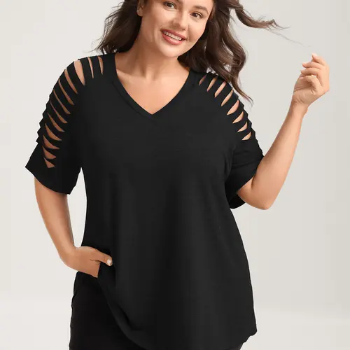 BLOOMCHIC Women's Plus Size Fitted Spandex Fabric Top - V-Neck Shortsleeve Cut-Out Design - [M-6X]Summerfinds ,summeroutfits,vacationoutfits,beachoutfits,back to school,back to school shopping