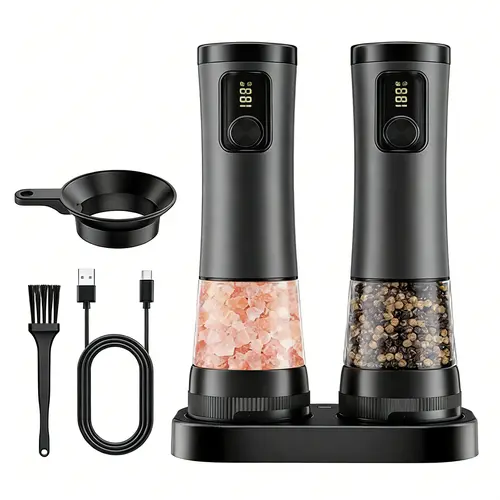 Adjustable LED Salt and Pepper Grinder Set - Auto Grind, USB Charging, Stainless Steel Body, Ceramic Blade, Storage Base, LED Power Check, Onetouch Pepper - Kitchen Gadgets for Cooking, Everyday Use, BBQ Utensils, Salt Pepper Shakers