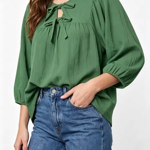 Shewin Women's Minimalist Solid Color Casual Blouse - Round Neck, 3/4 Sleeves, Bow Tie, Relaxed Fit, All Body Types, Basic Daily Wear Tops,back to school,back to school shopping, Women's Clothes, Layering Outfits