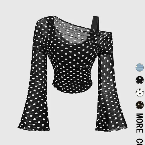 1 Piece Retro Polka Dot Asymmetrical Neckline Flare Sleeve Blouse, Elegant Casual Top, Sheer Mesh Design, Lightweight and Breathable Fabric, Long Sleeve, Everyday, Ideal for Office, Date Night, Vacation and Daily Wear