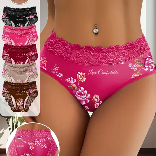 QUASTI 5 Pack Mid Waisted Lace Printed Flower Women's Briefs, Skin-Friendly Breathable Delicate Fit, Fashionable Dailywear, S-5XL