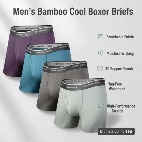 BAMBOOCOOL Men's Boxer Briefs - Breathable Moisture-Wicking Fabric, 3D Support Pouch, Tag-Free Waistband, High-Performance Stretch, S-3XL Menswear Minimalist summervibes,summerwins