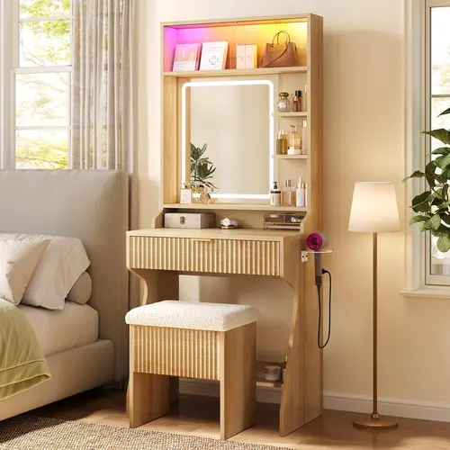 Sikaic Small Vanity Desk with Mirror and Lights, Sound Sync LED Lights, Fluted Wood Compact Makeup Vanity Table Set with Teddy Fleece Chair, Storage Drawer, Shelves, Bedroom, Home Furniture, Dorm Essentials [tiktokshopbacktoschool]