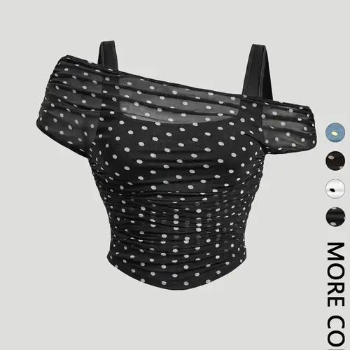 Women's French-Style Polka-Dot Off-Shoulder Crop Top, Sheer Mesh Ruched Blouse Shirt Top, Blouses Shirts Tops for Date Night and Party