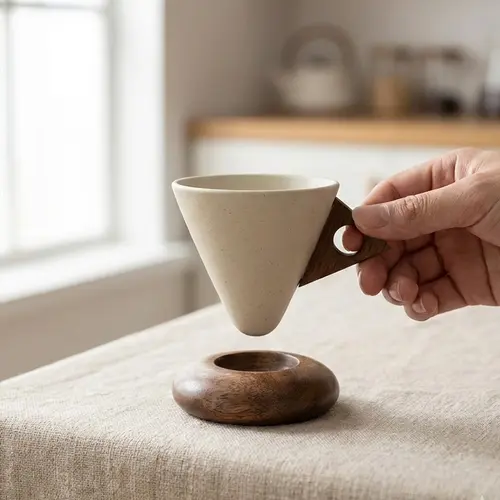Wabisabi Conical 3.42 oz/100 ml Espresso Cup, Ceramic & Acacia Wooden Material, Aesthetic Triangular Unique Elegant Modern Design for Home & Office, Beverage Drinkware with Handle Porcelain Mug for Coffee & Tea, summerwins