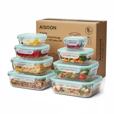 Premium Borosilicate Glass Food Storage Containers 8 Pack Stackable Square Design with Airtight Lids Green Rectangle Safe for Oven Microwave Freezer High Temperature Durable Kitchen Utensils#Summervibes