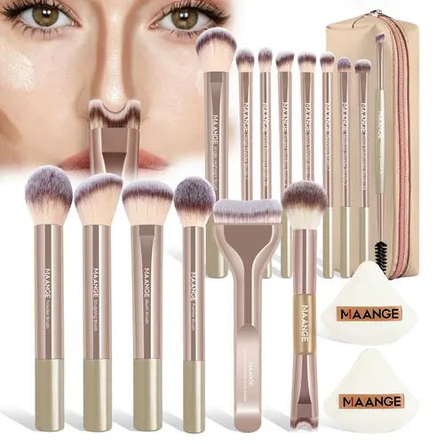 MAANGE Professional Makeup Brushes Kit, 14pcs Soft Makeup Brushes + 2 Powder Puffs + Brown Storage Bag, Beginner-Friendly Travel Set for Eyeshadow, Powder, Liquid & Cream