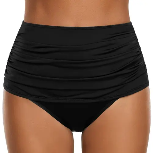 GRAPENT Women's High-Waisted Plain Ruched Bikini Bottoms - Polyamide-Elastane Stretch Tummy Control Solid Ruched Swimsuit for Women, Machine Washable All-Size Beach Swimwear