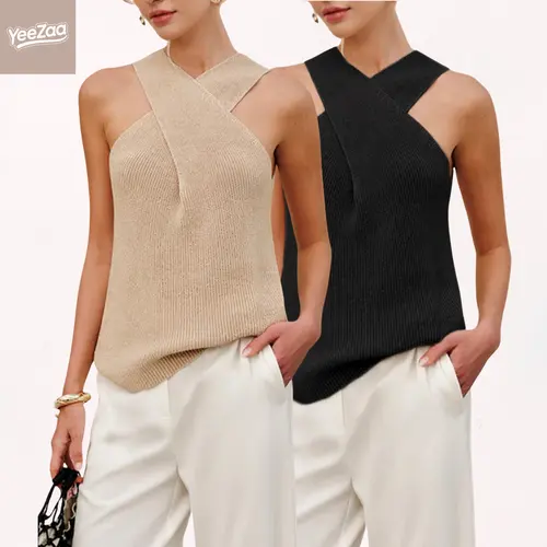 YeeZaa Women's Halter Tank Top 4th of July Holiday Knit Cross Over Collar Sleeveless Solid Color Casual 2026 Spring Summer Blouse Knit Tank Vest