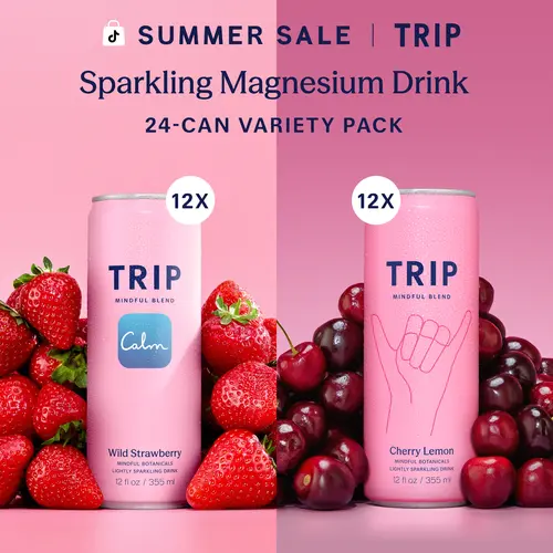 TRIP Magnesium & Adaptogen 24-Pack: Cherry Lemon (Chamomile & Lemon Balm) + Wild Strawberry (Ashwagandha & L-Theanine) – 25 Calories, No Added Sugar, Vegan Lightly Sparkling Drinks