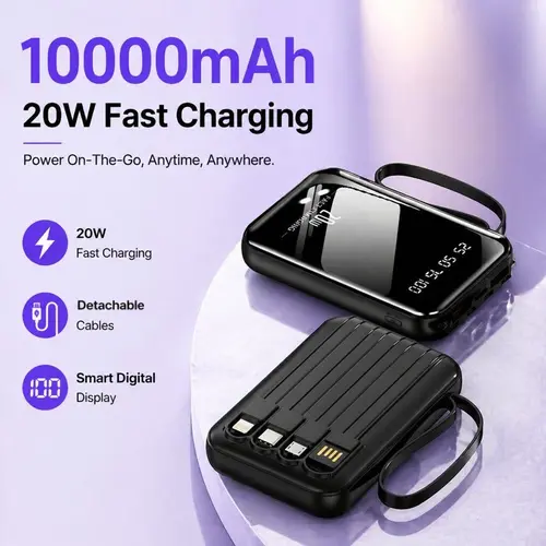 10,000 mAh 20 W Fast Charging Portable High-Capacity Power Bank with Apple Lightning Type-C USB Data Cable Intelligent Digital Display Flashlight Stable Lithium Battery Pack for Outdoor Emergency