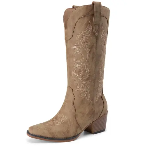Athlefit Cowboy Cowgirl Boots for Women Western Fashion Embroidery Chunky Heel Pointed Toe Comfortable Mid Calf Boots with Side Zipper