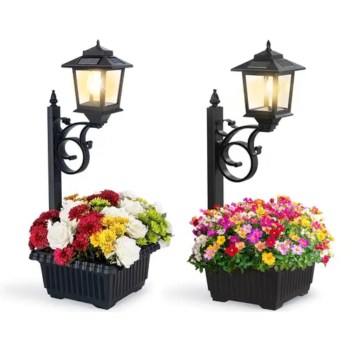 2 Pcs Solar Post Light With Planter, Room Decor For Easter Wedding Decorations, Black Post Light, 2 In 1 Outdoor Solar Post Light For Porch Front Door Patio Roadside Decoration, Outdoor Decorative Lamps, Outdoor Lighting Solutions, Solar Pathway Lights De