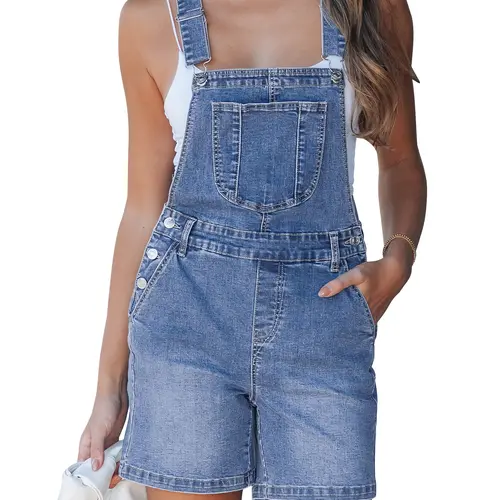 Luvamia Women's Relaxed Fit Stretchy Cotton Blend Denim Bib Shortalls - Basic Women's Fashion Clothes Product with Adjustable Straps, Casual Side Button Detail, Standard Sizes