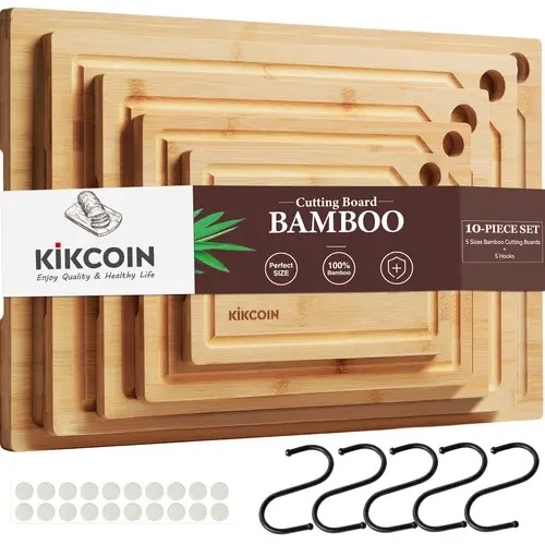 Kikcoin 10PCS Multi-Size Rectangle 100% Bamboo Chopping Board Set - Durable, Anti-Bacterial, XXL Option, Hooks, Tray, Juice Grooves, Knife-Friendly, Space-Saving Storage, Easy-to-Clean Kitchenware Gift