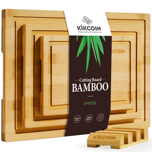 Kikcoin 4-Piece Extra Large Bamboo Wooden Chopping Boards with Storage Stand - Kitchenware Household Items, Juice Grooves, Knife-Friendly, Invisible Handles, Multifunctional, Non-Slip, Durable Reusable Chopping Board, Ideal Gift for Family, Mother's Day
