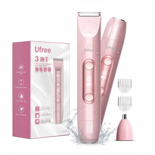 Ufree Bikini Trimmer Women's Pain-Free Electric Shaver, Facial Hair Removal, 3-in-1 Rechargeable Dual-Head Shaver , Underarm Armpits Trimmer, IPX6 Waterproof Razor, Summer Grooming Kit, Gifts for Her, Multifunctional Hair Trimmer