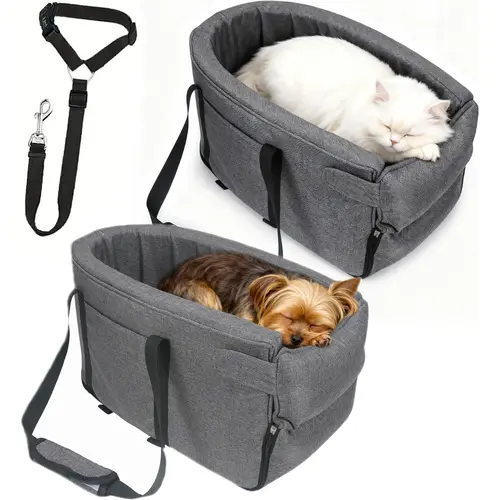 SmartWell Pet Console Car Seat Booster for Small Dogs & Cats - Oxford Cloth Anti-Anxiety Travel Carrier with Safety Tether, Washable, Portable, Secure Console Fit, Reduces Stress, Fits Most Vehicles, Travel Safe