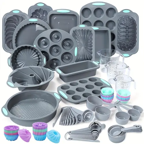 99/54/45-Piece Silicone Baking Pan Set, Loaf Pan and Muffin Pans, Non-Stick Baking Cups, with Measuring Cups and Spoons Set, Non-Stick Kitchen Oven Bread Pan, Perfect for Banana Bread, Sandwich Bread, Pound Cake, Mother's Day Gifts，SummerVibes, Bakeware