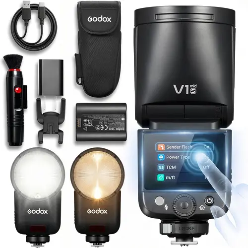 Godox V1 MID 55W Round Head Camera Flash Accessory, TTL HSS 1/8000s Speedlite with Touchscreen, 1.7s Recycle, 650+ Full Power Pops, Wireless Charging Photographic Fill Light for Sony/Canon