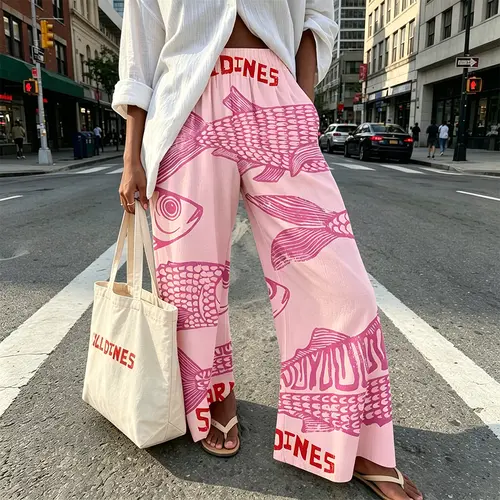 New launching 30% linen and 70% rayon. Sardine Pants ,Elastic pants ,Vacation Ukiyoe Style ,Sardine wide leg Print Pants, Elastic Waistband, Comfortable Holiday Wear