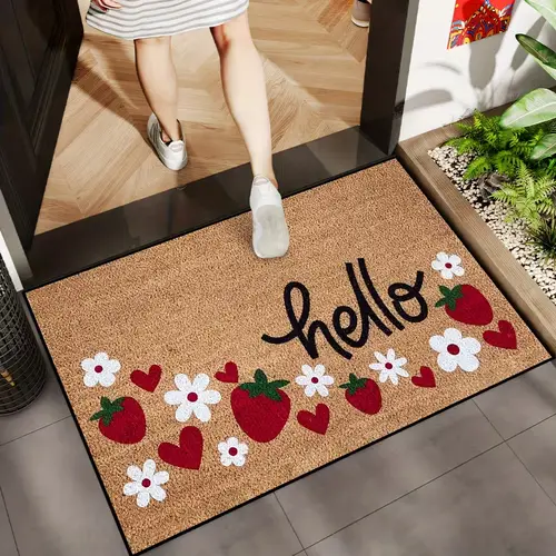 Summerwins Printed Strawberry Floral All Weather Grip Doormat - Non-Slip Entrance Mat, Machine Washable, Suitable for Hallway Decoration, Ideal Gift Option, All Weather Grip Doormats