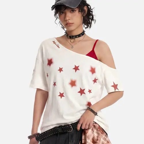 Aelfric Eden Star Graphic Off The Shoulder Tee Y2K Retro Oversized Fit Star Print Streetwear Top Summer Casual,back to school,back to school shopping