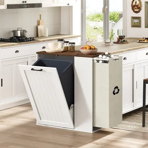 YATIENY Tilt Out Trash Can Cabinet, 10 Gallon Hidden Garbage Bin with Bottle Recycling Compartment, Wooden Storage Cabinet for Kitchen Living Room, White & Walnut