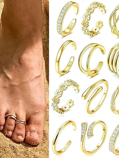 6/12Pcs Toe Rings for Women 14K Gold Filled Simple Hug CZ Triple Open Band Rings Trendy Adjustable Toe Rings Summer Beach Foot Jewelry for Women